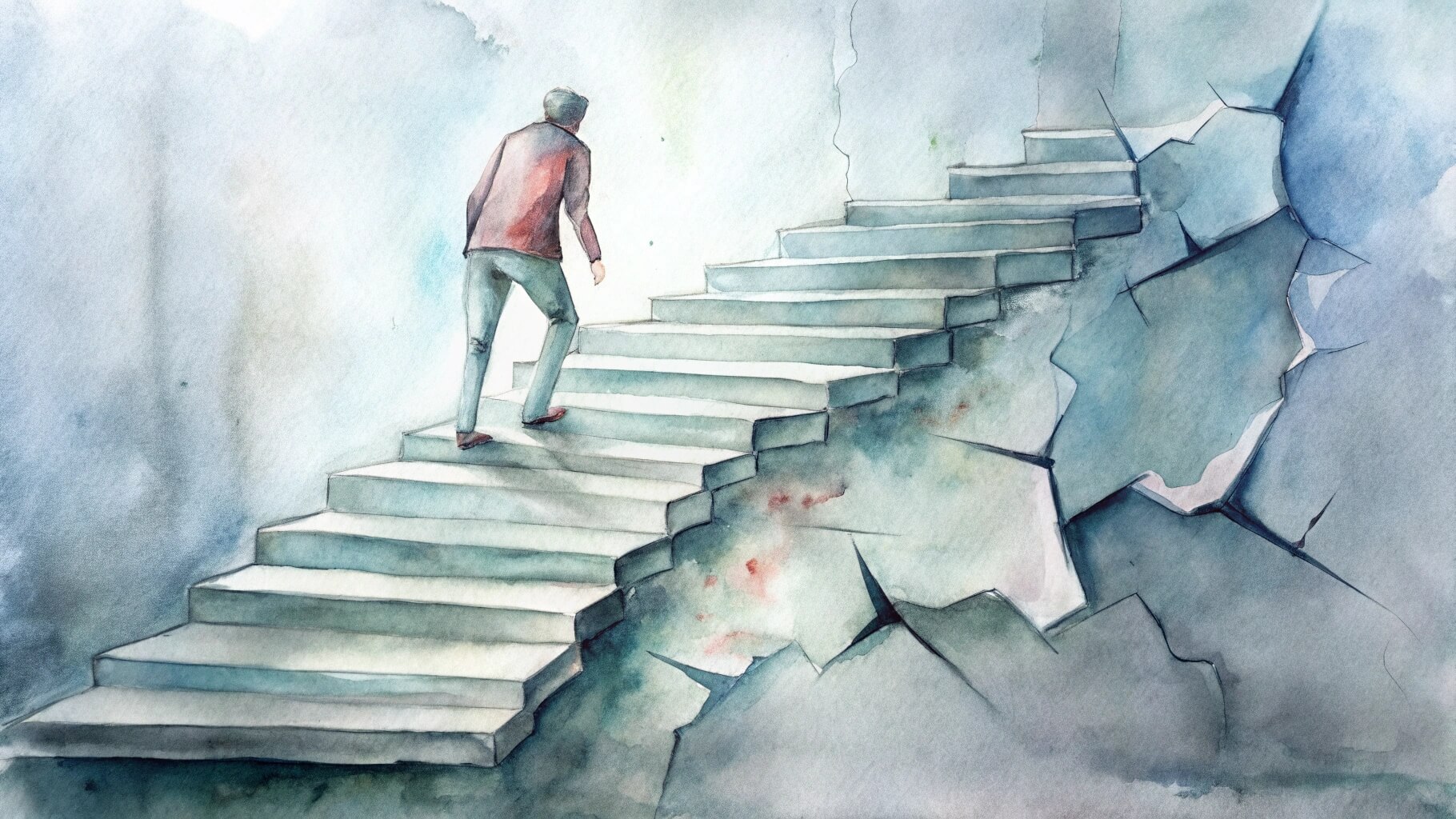 Person climbing broken stairs